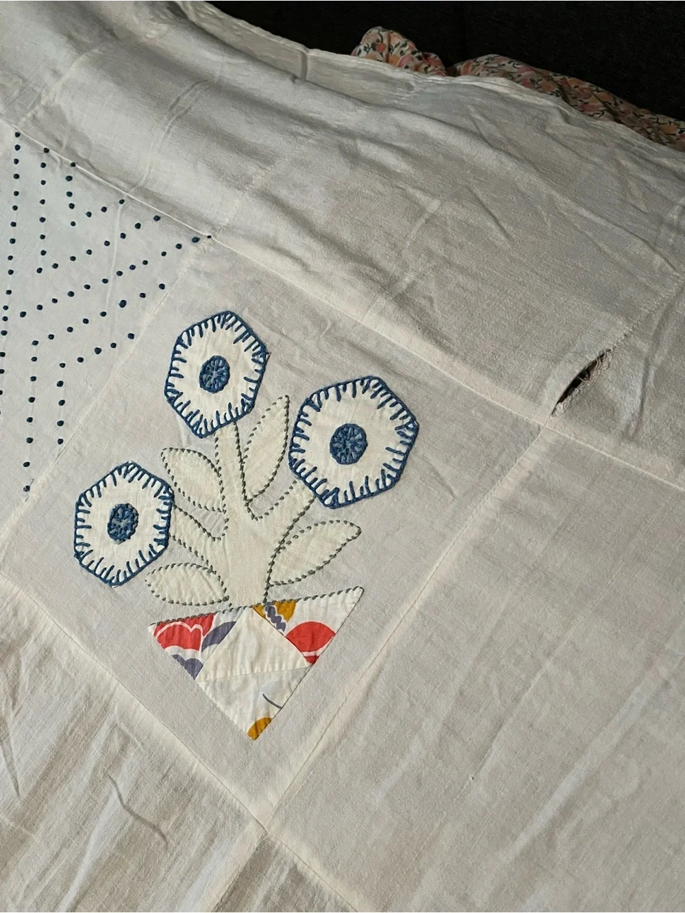 Vintage Hand Appliquéd Embroidered Flower Basket Bedspread/Coverlet 100” x 88”